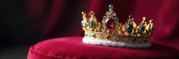 A glittering jeweled crown, ornate and majestic, rests on a velvet cushion Perfect for royalty, fantasy, or luxury themes Ideal for websites, editorial, or advertising use , craftsmanship, detail