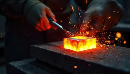 A glowing orange steel workpiece is expertly heated in a forge, sparks flying, demonstrating the process of heat treating metal for enhanced strength and durability , intense, production