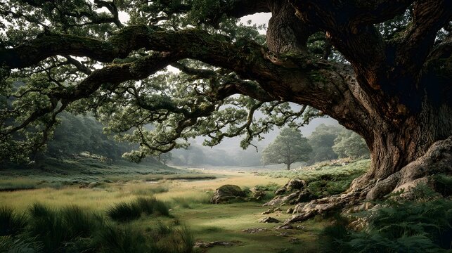 Majestic ancient oak tree with gnarled bark and massive sprawling branches stands alone in a green meadow with soft daylight and texture.