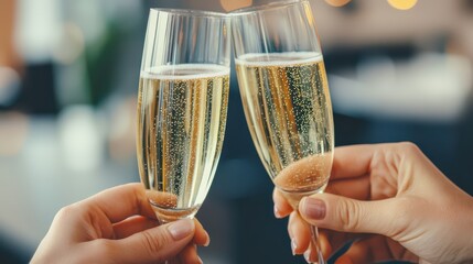 Obraz premium Two glasses of sparkling champagne are clinking together, symbolizing celebration and joy in a cozy, elegant setting.