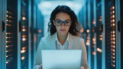 A focused woman with curly hair and glasses works on a laptop in a server room filled with glowing equipment.