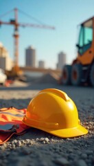 A high-visibility vest and hard hat sit on a construction site, symbolizing workplace safety and risk mitigation  Essential safety equipment ensuring a secure environment ,  infrastructure,  hazard
