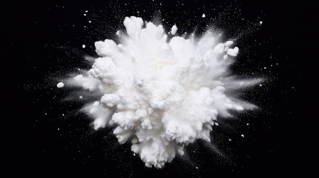 A burst of white powder against a dark background, creating a dramatic visual effect with fine particles spreading outward.