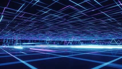 Explore a dynamic cyber world with neon grid lines, perfect for futuristic presentations