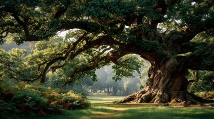 Fototapeta premium Majestic ancient oak tree with gnarled bark and massive sprawling branches stands alone in a green meadow with soft daylight and texture.