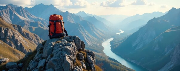 A lone backpack sits atop a rugged, windswept peak overlooking a breathtaking valley, embodying the spirit of adventurous travel and exploration , wild, remote, expedition