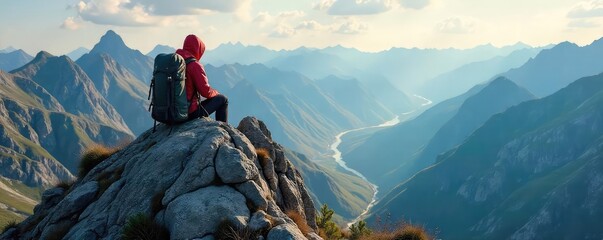 A lone backpack sits atop a rugged, windswept peak overlooking a breathtaking valley, embodying the spirit of adventurous travel and exploration , sky, expedition