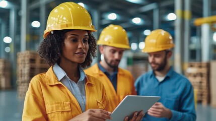 A woman in a safety helmet uses a tablet while two colleagues observe in a warehouse setting, highlighting teamwork and technology in industry.