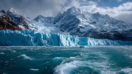 Massive blue glacier wall floating in water features jagged ice peaks and snowy mountains in the background under a cloudy sky landscape.