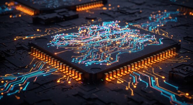 Close up of a central processing unit with glowing digital circuits and data flow illustrating technology and computing concepts