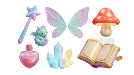 Collection of magical fantasy items including a wand, dragon, wings, mushroom, potion, crystals, and spellbook.