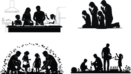 Silhouette illustrations depicting family activities and spiritual moments in black and white