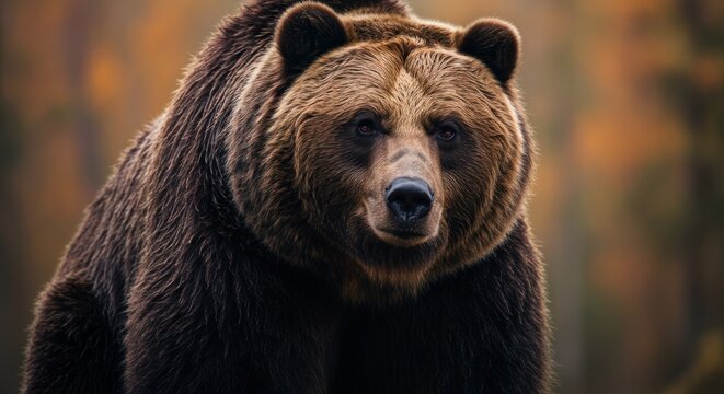 Close up portrait of a grizzly bear with brown fur focused on its face