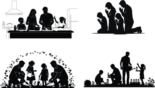 Silhouette illustrations depicting family activities and spiritual moments in black and white
