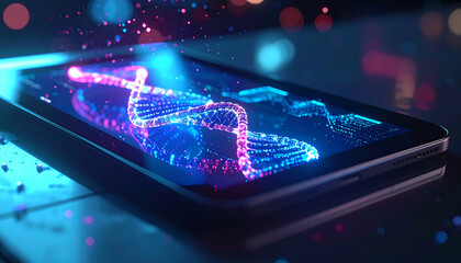 Digital DNA: A vibrant digital representation of a DNA strand emanates from a sleek tablet, signifying technological advancement and scientific innovation.