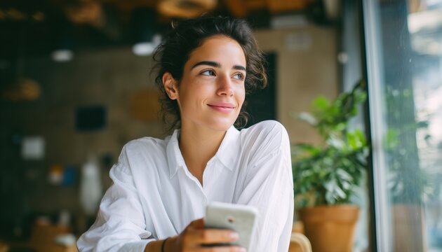 Happy Latin Woman In Her 30s Wearing White Shirt, Holding And Using Mobile Phone While Chatting, Holding Cup Of Tea, Sitting Alone At Coffee Shop.