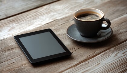 Electronic Book Reader And Coffee Cup Placed On A Wooden Table In A Cozy Setting, Perfect For Reading And Relaxing.