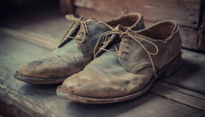 Filthy Vintage Shoes Resting On Timber Surface. An Image Captured Of Old Worn-Out Footwear Placed On A Hardwood Board.