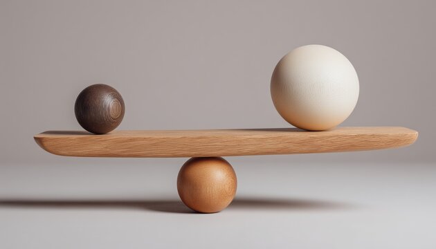 Wooden Scale Balancing With Large And Small Balls: Illustration Of Harmony And Balance In Artistic Rendering