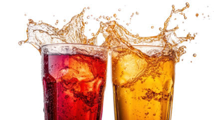 Two refreshing drinks splashing in glasses isolated on transparent background