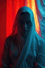 A partially obscured figure in flowing fabric, hinting at a hidden identity, creating a sense of mystery and intrigue The image uses shadow and light to emphasize concealment , curtain, privacy