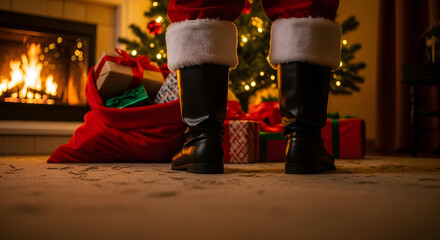 Santa's Secret: A close-up view of Santa's legs as he prepares to deliver gifts, beside a roaring fireplace and festive Christmas tree, filling hearts with Christmas spirit.