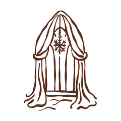 Cozy winter curtain arch framing a magical doorway with soft draping fabric and a delicate snowflake charm for whimsical castlecore vibes