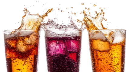 Three glasses of splashing colorful drinks isolated on transparent background