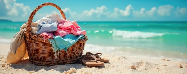 A pile of summer clothes, including shorts, t-shirts, and sandals, overflowing from a wicker basket, ready for vacation , summer fashion, textile