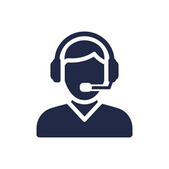 Isolated dark blue icon representing a customer service representative wearing a headset with microphone, isolated on white.