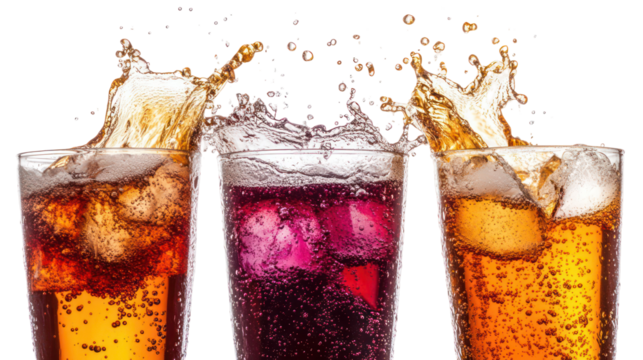 Three glasses of splashing colorful drinks isolated on transparent background