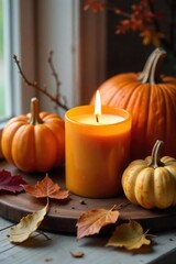 Cozy Autumn Rustic Candlelight Scene Flickering Pumpkin Spice Candle, Dried Leaves, Gourds