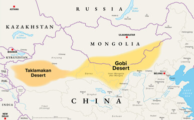 Fototapeta premium Gobi and Taklamakan Desert, political map. Gobi Desert, large, cold desert and grassland region in southern Mongolia and North China, and Taklamakan, in Xinjiang, northwest China. Illustration. Vector