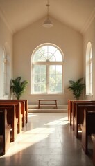 A serene and peaceful funeral home chapel, bathed in soft, natural light, ready for a memorial service The simple elegance conveys comfort and solace during a time of grief , obituary, ??