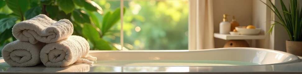 Serene Bathroom Oasis Soft Lighting, Lush Greenery, and Fluffy Towels Create a Relaxing Spa-Like Ambiance Perfect for Wellness and Clean Living Concepts