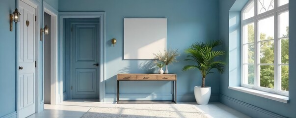 A serene blue foyer, bathed in soft natural light, features a stylish console table and elegant wall decor The calming atmosphere is perfect for a welcoming entryway , artwork, entryway, design