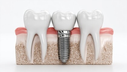 Dental Implant Surgically Placed In Jawbone. On White Background. This Procedure Involves Inserting A False Tooth Into The Jawbone For A Natural Appearance.