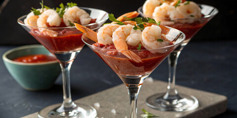 Dramatic close-up of classic shrimp cocktail served in elegant martini glasses