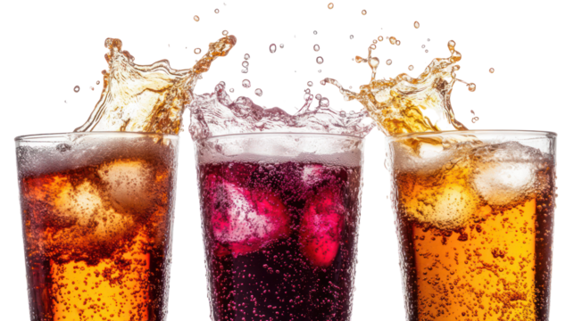 Three refreshing drinks with ice and splashes isolated on transparent background