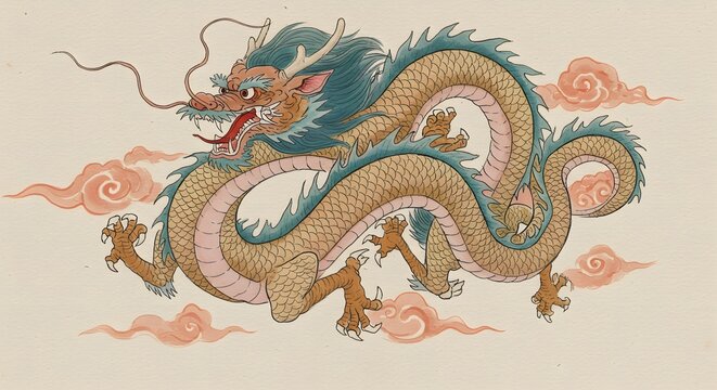 Illustration of a fantastical, serpentine creature with vibrant scales, amidst swirling clouds