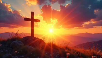 A serene landscape bathed in golden sunlight, depicting a cross silhouetted against a vibrant sunset, conveying peace and spiritual reflection ,  worship,  golden hour