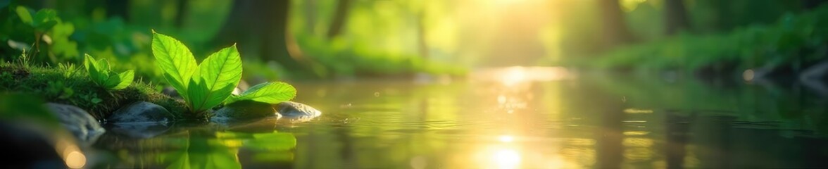 A serene scene depicting nature's gentle renewal; sunlight filtering through leaves onto tranquil water, signifying inner peace and revitalization through meditation ,  fresh start,  balance