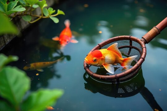 A serene pond scene featuring vibrant goldfish swimming amongst aquatic plants, ready to be scooped up with a net Ideal for summer, relaxation, and childhood memories , scoop net, hobby, relaxing