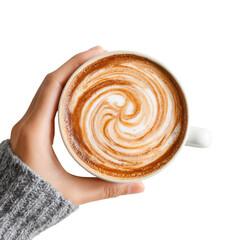 Hand holding a cup of latte coffee with swirl art isolated on transparent background