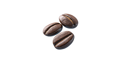 Naklejka premium Three roasted coffee bean isolated on transparency background close up aromatic dark brown glossy texture caffeine macro food photography freshness energy concept