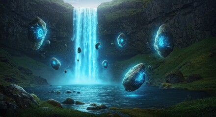 Fantasy landscape with glowing waterfall and hovering stones