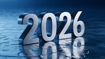 2026: A Glimpse into the Future: Metallic numerals of the year 2026 stand prominently on a reflective, water-like surface, creating a futuristic visual that evokes concepts of time, planning.