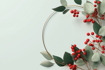 Winter greenery frame and red berries, smooth matte surfaces, geometric simplicity, clean layout, calm color palette, free space for text