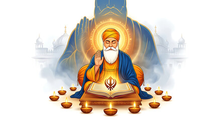 Happy Guru Nanak Jayanti greeting card design. a Illustration of Guru Nanak dev birth celebration isolated in white background. 