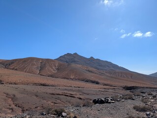 View of huge mountain range. dry arid landscape in central Fuerteventura, Spain 